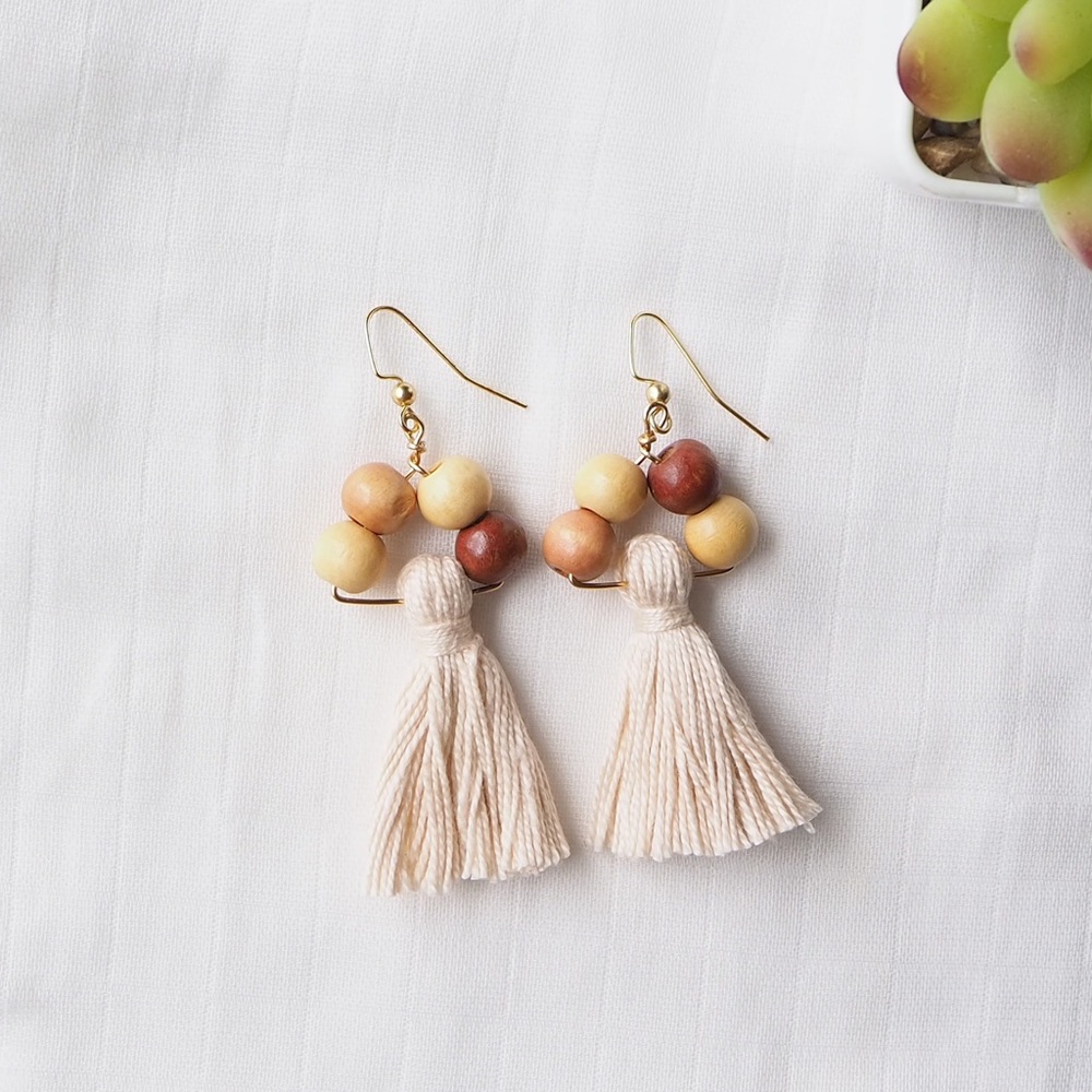 Beige Tassel Wooden Earrings
